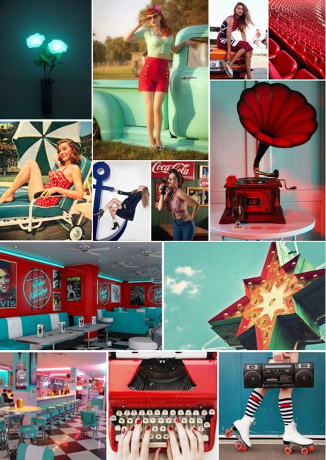 Mood board with dark red, teal and mint as theme colours. 80s Mood Board, Retro Mood Board, Teal Mood Board, Adopt Inspiration, Style Mood Board, Mood Broad, Strictly Ballroom, 28 Birthday, 50s Aesthetic