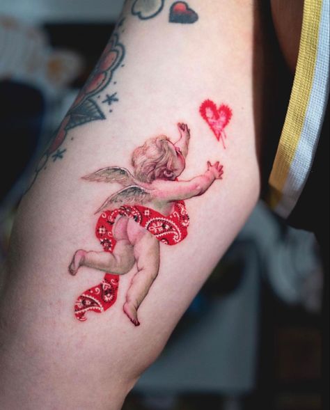 Color Tattoo Ideas, Bandana Tattoo, Cupid Tattoo, Inner Bicep Tattoo, Cherub Tattoo, Single Line Tattoo, Bicep Tattoo, Cute Small Tattoos, Unique Tattoo Designs