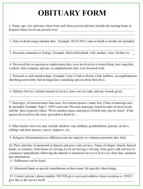 obituary template from Fill In The Blank Obituary Template, source:obituarytemplate.net Unique Obituary Ideas, Obituary Ideas, Living Will Template, Obituaries Ideas, Emergency Preparedness Binder, Final Wishes, Family Emergency Binder, Estate Planning Checklist, Obituary Template