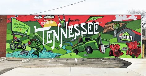 Do the Dew by Eastside Murals #nashville #mural #publicart #streetart  #urbanart #wallart #mountaindew #dothedew Town Mural Ideas, Small Town Murals, Community Mural Ideas, Downtown Murals, Barn Mural, Town Mural, City Murals, Lincoln Nh, Wallpaper School