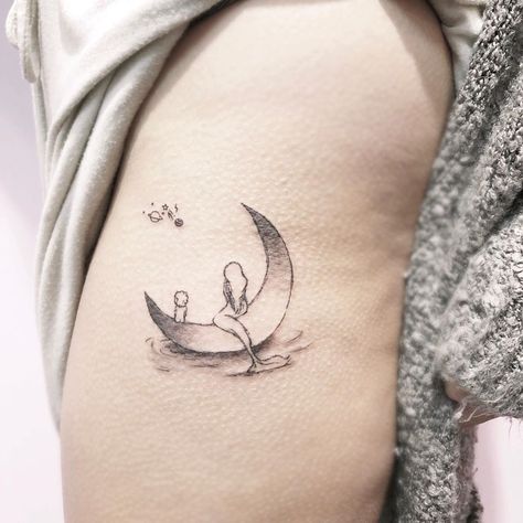 Mermaid with baby 👶 Mermaid With Moon Tattoo, Baby Mermaid Tattoo, Moon Tattoo Minimalist, Mermaid Moon, Baby Tattoo, Tattoo Minimalist, Mermaid Tattoo, Tiny Tattoo, Mermaid Tattoos