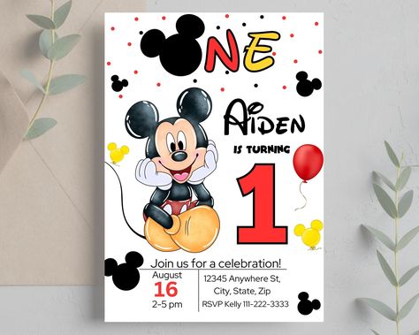 Description: 1st Birthday ONLY! Editable Mickey Mouse Birthday Invitation -This is a DIY (do it yourself) invitation template -Easy to edit birthday template, just add your child's name and age, along with party details! -Instant download, no physical item will be mailed.   Please read the entire listing description for information about this listing. ✨Editable 5x7 Mickey Birthday Invitation. Once this is purchased, you will have instant lifetime access to your birthday invitation! Download the Mickey Mouse First Birthday Invitations, Imprimibles Mickey Mouse, Mickey Mouse Birthday Invitation, Invitation Mickey Mouse, Mickey Invitations, Mickey First Birthday, Mickey 1st Birthdays, Mickey Mouse Birthday Invitations, Mickey Mouse Invitation