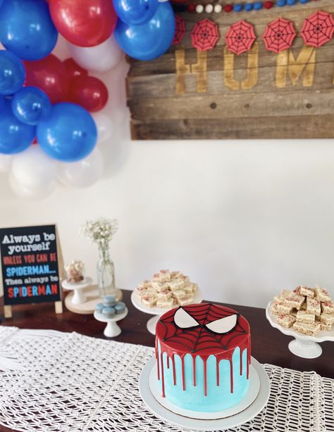 Spidey And Friends Birthday Cake Ideas, Easy Spidey Birthday Cake, Small Spider Man Birthday, Spider Man Bday Cake, Spider Man Drip Cake, Black And Red Spiderman Birthday Party, Spiderman Ice Cream Cake, Spider Man Smash Cake, Spider Man Birthday Food