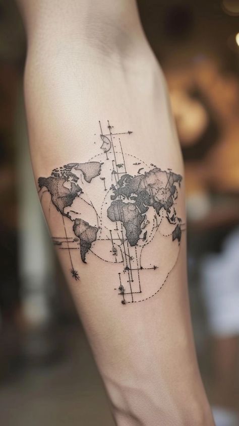 Detailed world map tattoo design on person's arm, showing continents, longitude, and latitude lines. Ideal body art for wanderlust and geography lovers, reflecting precision and artistic skill. World Travel Tattoos, World Map Tattoo, Perspective Tattoos, Travel Tattoo Ideas, Inside Of Arm Tattoo, Collage Tattoo, World Map Tattoos, Saturn Tattoo, Global Perspectives