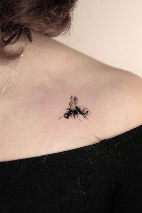 46 Best Bee Tattoos For Ladies Bee On Shoulder Tattoo, 3d Bee Tattoo, Bee Shoulder Tattoo, Tattoos For Ladies, Rock Tattoos, Small Bee Tattoo, Micro Realism, Bee Tattoos, Bumble Bee Tattoo