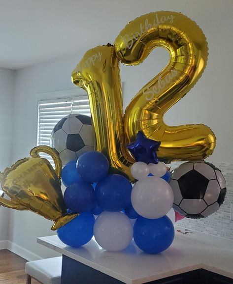 Soccer balloons personalized Messi Soccer Birthday Party, Soccer Theme Balloon Garland, Soccer Decorations Party Balloons, Balloon Soccer Decoration, Blue Soccer Party Decorations, Soccer Balloons, Balloon Marquee, Birthday Boyfriend, Table Garland