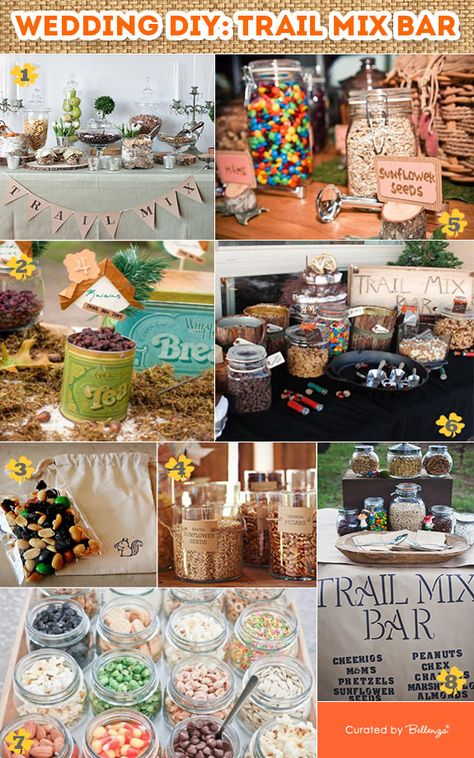 DIY Trail Mix Bar for a Wedding! Tips and inspiration for planning a trail mix bar for a summer or fall rustic wedding. #trailmixweddings #trailmixbar #weddingtrailmix #rusticweddings Build Your Own Trail Mix Bar, Trail Mix Bar Ideas, Trail Mix Bar Wedding, Fruit Bar Wedding, Trail Mix Buffet, Diy Trail Mix Bar, Trail Mix Bar, Bar Wedding Reception, Wedding Cake Prices