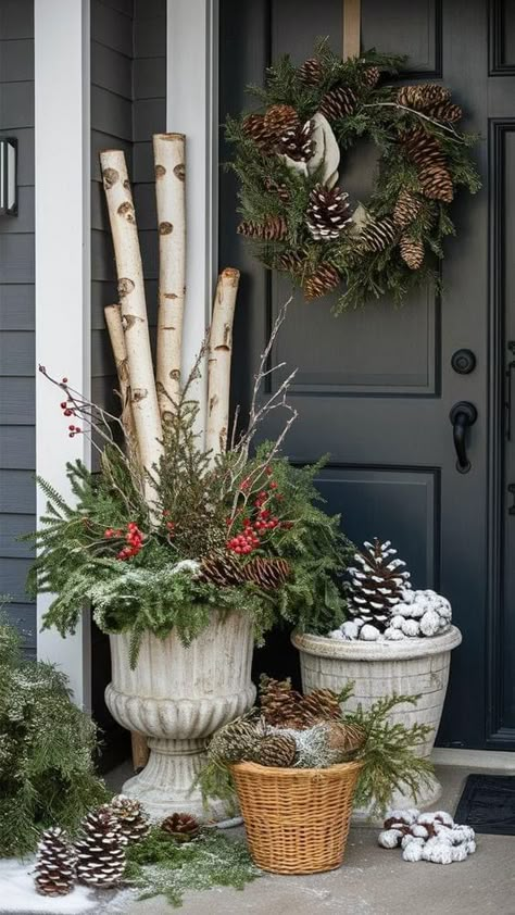 Covered Porch Christmas Decor, Farmhouse Christmas Decor Front Porches, Front Porch Christmas Decor Ideas Farmhouse, Christmas Porch Decorating Ideas Rustic, Porch Christmas Decorations Outdoor, Christmas Planters Outside Front Porches, Porch Decorating Christmas, Christmas Decor Ideas Front Porch, Christmas Front Porch Decor Ideas