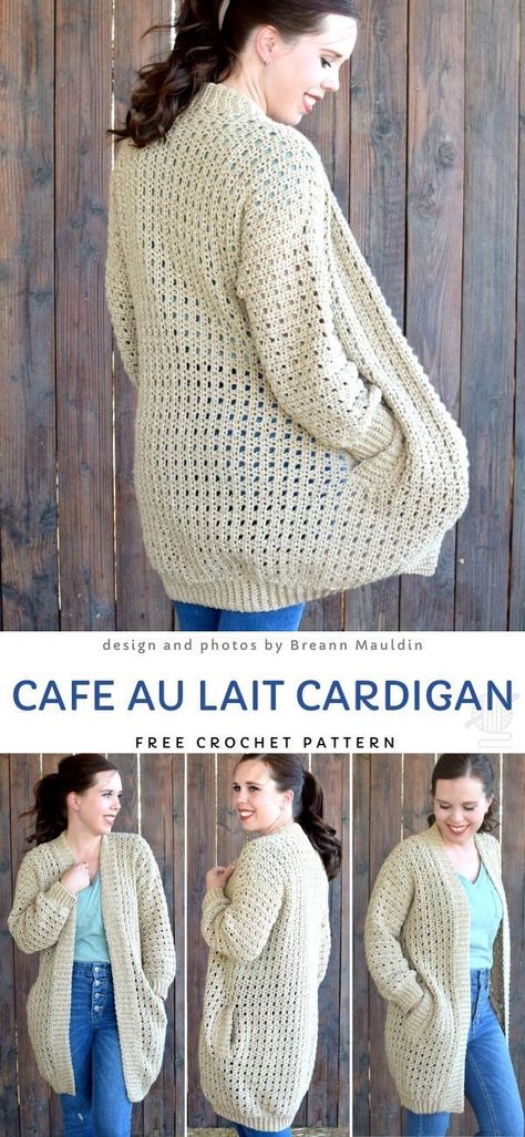 Cafe Au Lait Cardigan - Free Crochet Pattern Free Crochet Ladies Cardigan Patterns, Light Weight Crochet Cardigan, Hexi Cardigan Crochet Pattern, Crochet Cardigan Pattern Free Easy, Crochet Coat Free Pattern, Hexi Cardigan, Crochet Cardigan Pattern Free Women, Jaket Crochet, Crochet Shirts