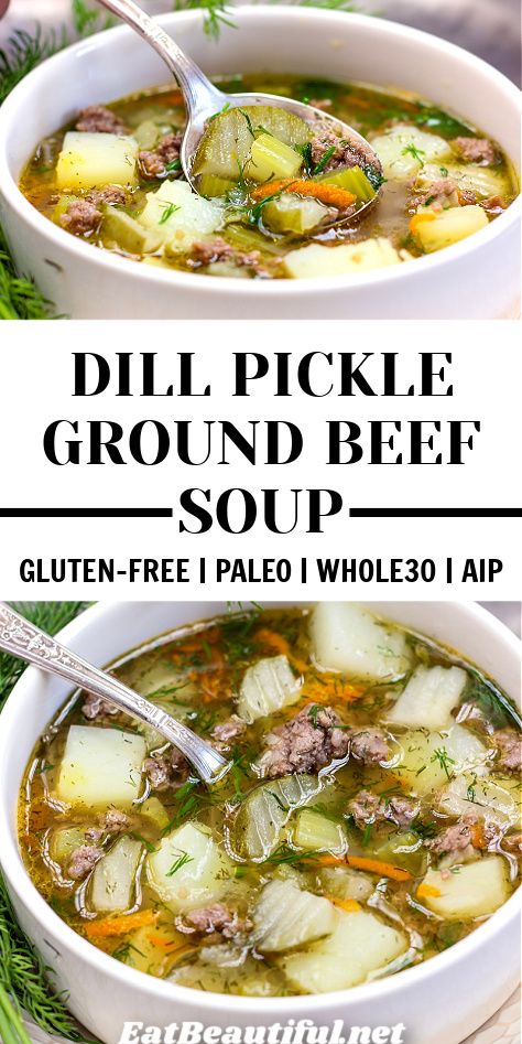 Dill Pickle-Ground Beef Soup is the perfect bowl of comfort food each fall, winter and spring -- when we want hearty food that's also fun and light! | great fall soup recipes | great soups for fall | great fall soups | best winter soups | best winter soup recipes | best winter soup recipes healthy | paleo soup recipes | whole30 soup | whole30 soup recipes | aip soup | aip soup recipes | best gluten free recipes | gluten free soup recipes Aip Beef Vegetable Soup, Gf And Df Soup Recipes, Winter Soup Recipes Dairy Free, Gf Df Soup Recipes, Aip Beef Recipes, Aip Soups And Stews, Aip Soup Recipes, Dairy Free Soups, Winter Soup Recipes Healthy