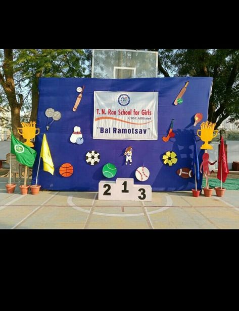 Event decoration of sports day celebration Annual Sports Day Decoration, Sports Day Decoration Ideas School, Sports Day Decoration, School Decoration, Stage Decoration, Notice Board, Event Decoration, Sports Day, Sports Decorations