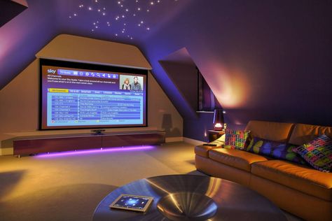 Incredible Loft Cinema Conversion : Modern media room by New Wave AV Modern Media Room Design, Attic Game Room, Modern Media Room, Sala Cinema, Game Room Lighting, Attic Ideas, Cinema Design, Media Room Design, Home Cinema Room