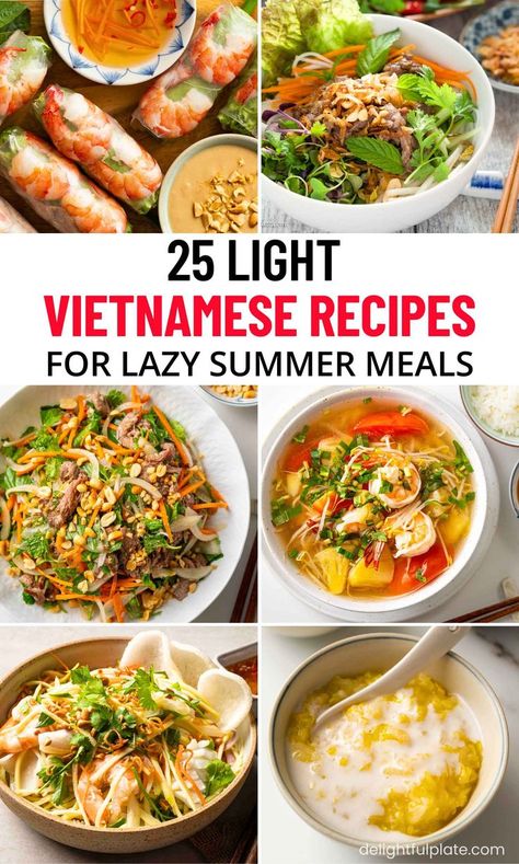 a collage of Vietnamese dishes to make in summer Healthy Vietnamese Recipes, Easy Asian Recipes Healthy, Easy Summer Dinner Ideas, Healthy Korean Recipes, Noodle Salads, Easy Vietnamese Recipes, Vietnamese Summer Rolls, Summer Dinner Ideas, Chinese Soup Recipes