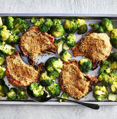 Pork Chops And Broccoli, Sheet Pan Pork Chops, Sheet Pan Pork, Pan Pork Chops, Sheet Pan Suppers, Recipe Sheets, Baked Pork Chops, Chicken Cordon Bleu, Sloppy Joe