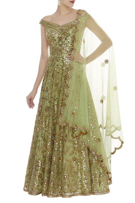 Off Shoulder Anarkali, Mirror Work Anarkali, Bridal Anarkali Suits, Kurta With Dupatta, Anarkali With Dupatta, Indian Wedding Lehenga, Choli Dress, Green Embroidery, Traditional Indian Outfits