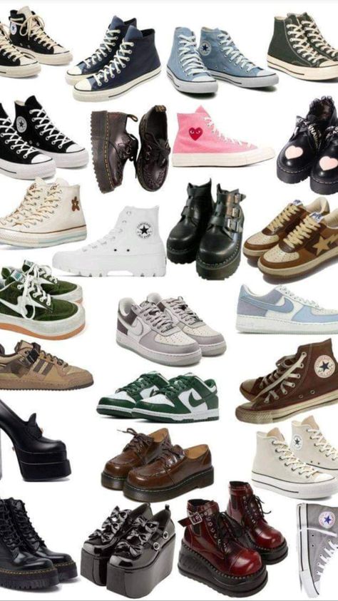 Acubi Fashion Sneakers, Y2k Style Shoes, Shoe Mood Board, Shifting Clothes Ideas, Forest Core Outfits Grunge, Y2k Sneakers Outfit, Acubi Fashion Shoes, Downtown Girl Shoes, Acubi Shoes