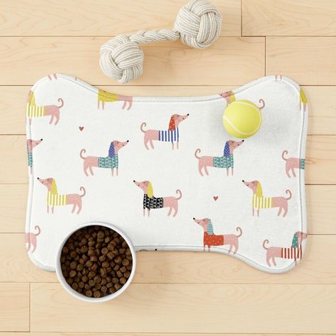 Cute Dachshunds Pet Mat. Your dog's very own placemat, to keep their bowls in place and protect floors from spills, messes, and scratches. #dogmat #petmat Dog Bowl Mat Ideas, Dog Treat Mat, Dog Placemat, Dog Food Mat Placemat, Dachshund Design, Dog Food Mat, Food Mat, Dog Mat, Pet Mat