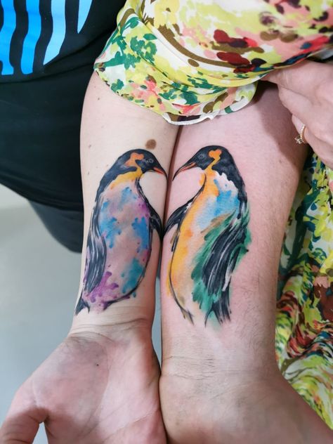 Watercolor Penguin Tattoo, Penguin Sleeve Tattoo, Matching Penguin Tattoos Couples, Matching Penguin Tattoo, Penguin Tattoo Couple, Tattoos Unique Meaningful, Penguin Tattoos, Watercolor Penguin, Partner Tattoos