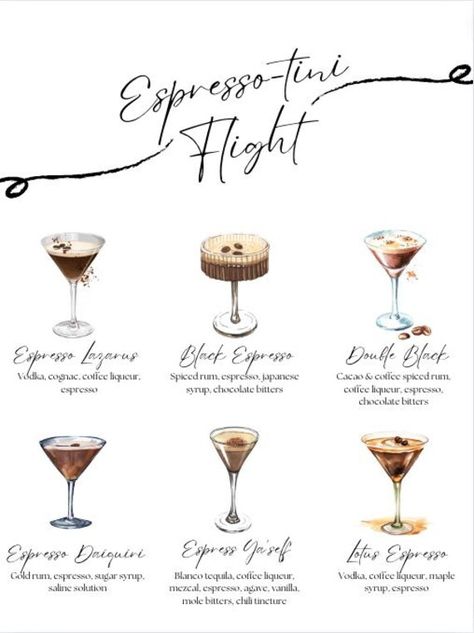 Espresso Martini's are the new hype! Enjoy this fully customizable espresso-tini flight cocktail menu for your next event! Or, if you're an espresso martini lover yourself, just print and frame for your kitchen decor. Tiramisu Martini Recipe, Espresso Martini Party Decor, Expresso Martini Party, Martini Bday Party, Martini Bridal Shower Ideas, Expresso Martini Aesthetic, Espresso Martini Party Theme, Espresso Martini Bachelorette Theme, Espresso Martini Bachelorette