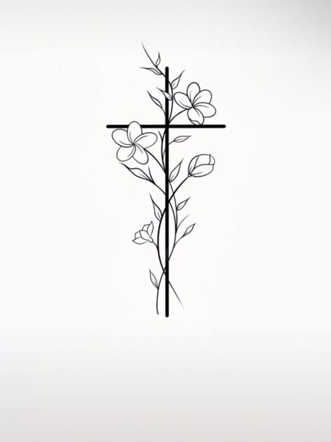 Simple Cross Flower Tattoo, Cross With Vines And Flowers Tattoo, Cross With Lily Tattoo, Woman Of God Tattoo Ideas, Cross With Greenery Tattoo, Cross With Dogwood Flowers Tattoo, Cross With Violet Flowers Tattoo, Cross With Daffodils Tattoo, Small Cross Flower Tattoo