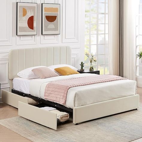 VECELO Full Size Upholstered Bed Frame with 4 Drawers and Adjustable Headboard, Velvet Platform Storage Bedframe Mattress Foundation, Wooden Slats Support, No Box Spring Needed, Beige Modern Upholstered Bed, Full Size Upholstered Bed, Modern Upholstered Beds, Upholstered Storage Bed, Under Bed Drawers, Full Size Bed Frame, Wood And Steel, Queen Bed Frame, Bed Frame With Storage