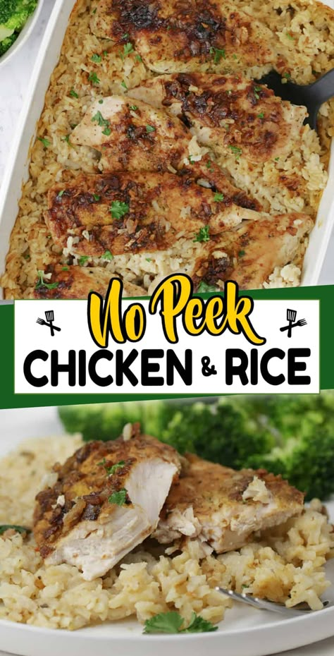 Looking for an easy yet satisfying dinner? Our No-Peek Chicken and Rice recipe is a must-try - just combine the ingredients, pop it in the oven, and let it do its magic! No fuss, all flavor - this comforting meal has tender chicken, creamy fluffy rice and flavorful seasonings. Baked Chicken Tender Casserole Recipes, One Pan Chicken Rice Dinner, Chicken Rice Oven Recipes, No Peeking Chicken And Rice, Chicken And Rice Baked In Oven Easy, Chicken Breast And Rice Recipes Oven, Oven Baked Chicken Breast And Rice, Chicken Tenders And Rice Recipes, Chicken And Rice In The Oven