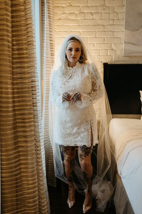 -Edgy bride with leg and hand tattoos -Bride with visible leg and hand tattoos with short wedding dress -tattooed bride -New Orleans gothic tattoo bride Bride With Tattoos Sleeve, Wedding Dress With Tattoos Brides, Tattooed Bride Classy, Wedding Dress Tattoos Brides, Tatted Bride, Tattoo Wedding Dress, Bride With Tattoos, Tattoo Bride, Edgy Bride