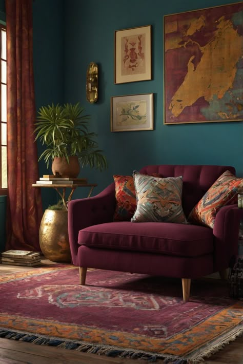 Discover the latest 2024 trend of Bohemian Bliss, enhanced with Old Claret and eclectic touches. Unravel the secrets to effortlessly infuse your space with charm and character. #ad     #Colortrend #wallpaint2024  #color2024  #DIYpainting  ##DIYhomedecor  #Fixhome Teal Velvet Sofa Living Room Ideas, Jewel Tone House, Jewel Coloured Living Room, Living Room Jewel Tones, Jewel Toned Living Room, Jewel Tone Room, Jewel Tone Home, Jewel Tone Living Room, Jewel Tone Decor