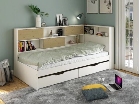 Shelves Around Bed, Corner Storage Bed, Staircase Bunk Bed, Messy Bedroom, Oak Bed Frame, Oak Bed, Single Size Bed, Bed In Corner, Kids Mattress