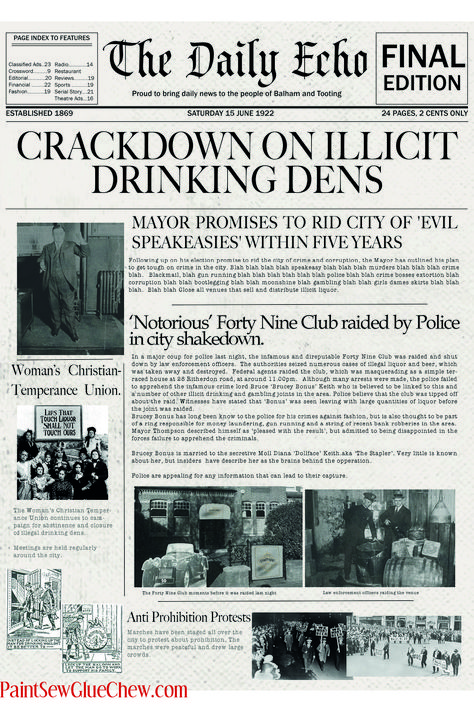 These 1920s SPEAKEASY NEWSPAPER INVITES are part of an invitation set include a save the date telegram, and a newspaper with temperance society card invitation. They are brilliant to set the scene for a themed birthday party, and will really help to build excitement and get your guests in the mood prior to the party. Head to the blog for more details, and loads of other ideas for decor, food and creative parties. #1920 #speakeasy #prohibition #themeparty #partyinvites 1920 Speakeasy, City Of Evil, Prohibition Party, Speakeasy Decor, 1920s Speakeasy, Twenties Party, Speakeasy Party, Roaring 20s Party, Pre Party