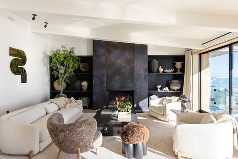 This Malibu Beach House Is Quintessential California Contemporary | Architectural Digest Plaster Fireplace, Malibu Beach House, California Contemporary, Dark Carpet, Large Curtains, Travertine Coffee Table, Malibu Beach, Open Plan Living Room, Malibu Beaches