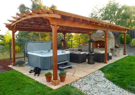 Lounging and Relaxing with Redwood Pergolas #homeremodel Hot Tub Landscaping, Outdoor Hot Tub, Hot Tub Gazebo, Hot Tub Backyard, Hot Tub Cover, Building A Pergola, Pergola Lighting, Modern Pergola, Backyard Gazebo