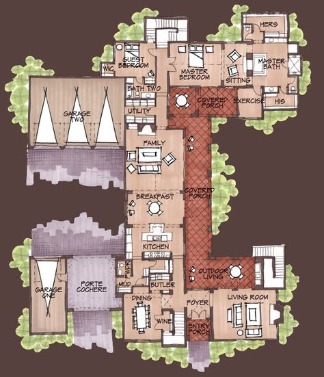 Spanish Hacienda Floor Plans, Hacienda Style Floor Plans, Unique Home Floor Plans, Spanish Style Floor Plans, Hacienda Floor Plans, Multigenerational House Plans, Multigenerational House, Hacienda Style Homes, Unique Floor Plans