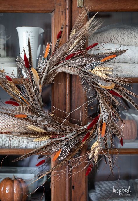 Pheasant Feather Decor, Minimalist Fall Decor, Natural Fall Decor, Rustic Cottagecore, Vintage Ornament Wreath, Wreath For Fall, Diy Feather, Feather Wreath, Thanksgiving Decorations Diy