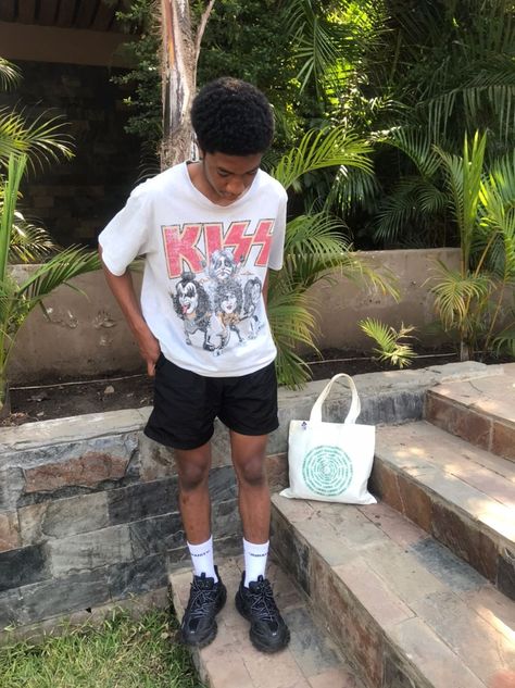 Street wear outfit inspo Balenciaga track, kiss graphic tee, stone island shorts, tote bag Balenciaga Outfit Men, Balenciaga Track Outfit Men, Track Shorts Outfit, Balenciaga Runners Outfit, Balenciaga Track Outfit, Balenciaga Track Black, Pacsun Outfits, Balenciaga Tracks, Balenciaga Outfit