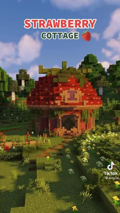 Cottage Core Minecraft, Mc Houses, Cute Minecraft Builds, Minecraft World Ideas, Minecraft Cottagecore, Mc House, Cottagecore Minecraft, Strawberry Cottage, Minecraft Decoration