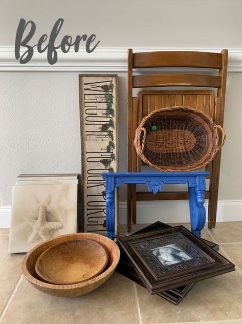 Yard Sale Rescue Makeovers | Confessions of a Serial Do-it-Yourselfer Wooden Chair Makeover, Shelf Makeover, Shabby Chic Diy Crafts, Basket Makeover, Sewing Machine Tables, Wooden Folding Chairs, Thrift Store Makeover, Store Basket, Yard Sale Finds