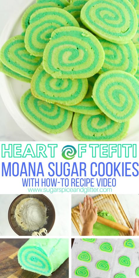 A fun Disney cookie recipe, these Moana-inspired Heart of Tefiti cookies are a simple pinwheel cookie dyed green for a delicious themed dessert Moana Sugar Cookies, Moana Cookies, Moana Birthday Party Theme, Moana Theme Birthday, Festa Moana Baby, Moana Theme, Moana Themed Party, Disney Dinner, Disney Cookies