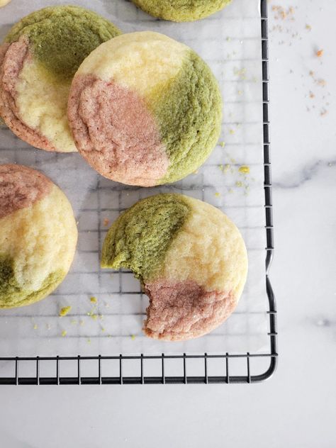 Matcha Neapolitan Cookies - My Happy Bakes Sugar Cookies With Hershey Kisses, Cookies With Hershey Kisses, Neapolitan Cookies, Soft And Chewy Sugar Cookies, Easter Baking Recipes, Hershey Kiss Cookies, How To Make Matcha, Strawberry Matcha, Matcha Cookies