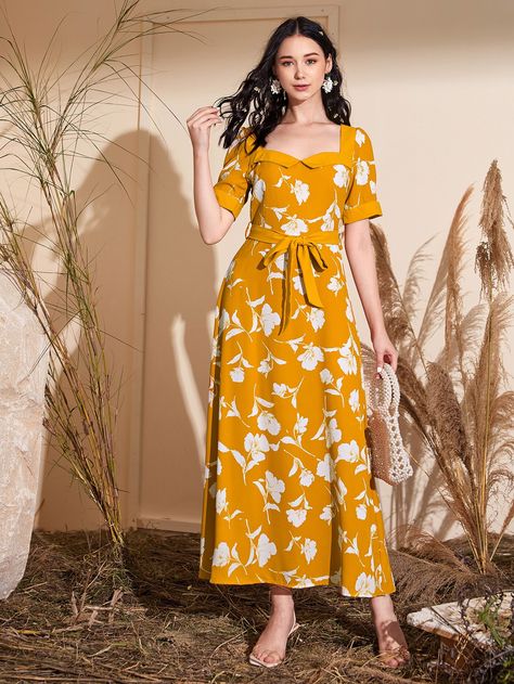 Floral Print Sweetheart Neck Belted Dress Multicolor Floral Dress, Home Dress Women, Women Dresses Casual Summer, Split Hem Dress, Ditsy Floral Dress, Dress Design Patterns, Shirred Dress, Sunshine Yellow, Womens Floral Dress