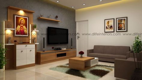 Bistre is a contemporary prayer unit design for apartment interiors in Kochi, Trivandrum, and Bangalore Tv Display Unit, Living Room Kerala, Alter Design, Altar Catholic, Living Room Units, Living Room Interiors, Modern Tv Room, Altar Ideas, Altar Design