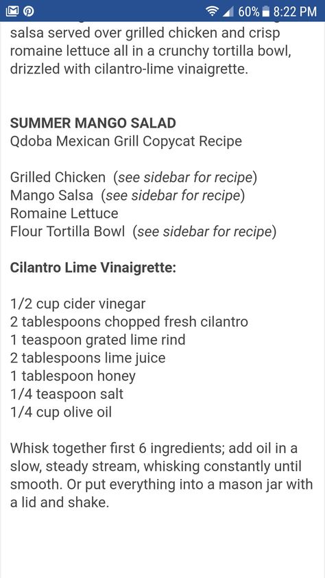 Citrus Lime Vinaigrette Qdoba, Cilantro Lime Vinaigrette, Tortilla Bowls, Cilantro Lime Dressing, Lime Vinaigrette, Mango Salad, Vinaigrette Recipes, Mango Salsa, Romaine Lettuce