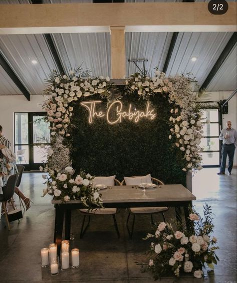 Wedding Photo Walls Reception, Green Backdrop For Wedding, Civil Wedding Reception Decor, Bride And Groom Table Neon Sign, Sweetheart Backdrop Wedding, Black Backdrop Wedding Receptions, Last Name Wedding Backdrop, Mr And Mrs Table Backdrop, Rustic Sweetheart Table Backdrop