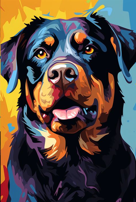 Brightly coloured illustration of a Rottie Rottweiler Painting, Dog Painting Pop Art, Dog Portraits Art, Rottweiler Love, Dog Pop Art, Pop Art Animals, Procreate Ipad Art, Abstract Geometric Art, Boat Painting