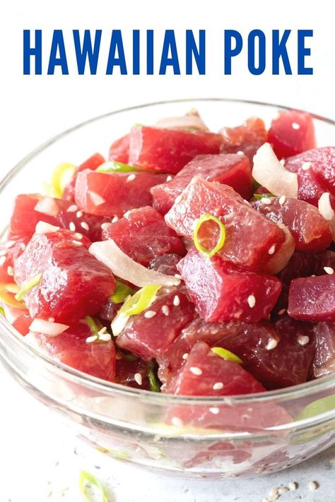 Pinterest image with text. Picture is of Hawaiian Poke in clear bowl, text says, "Hawaiian Poke." Hawaiian Appetizers, Alaskan Food, Alaska Food, Hawaiian Poke, Poke Recipe, Seafood Sushi, Sweet Onions, Gluten Free Appetizers, Ahi Tuna