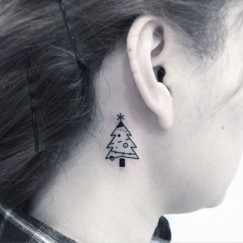 Small Christmas tree tattoo on the neck Small Christmas Tattoos, Christmas Tree Tattoo, Christmas Tattoos, Christmas Flash, Tree Tattoo Back, Snow Flake Tattoo, Tattoo Tree, Christmas Tattoo, Back Shoulder Tattoos