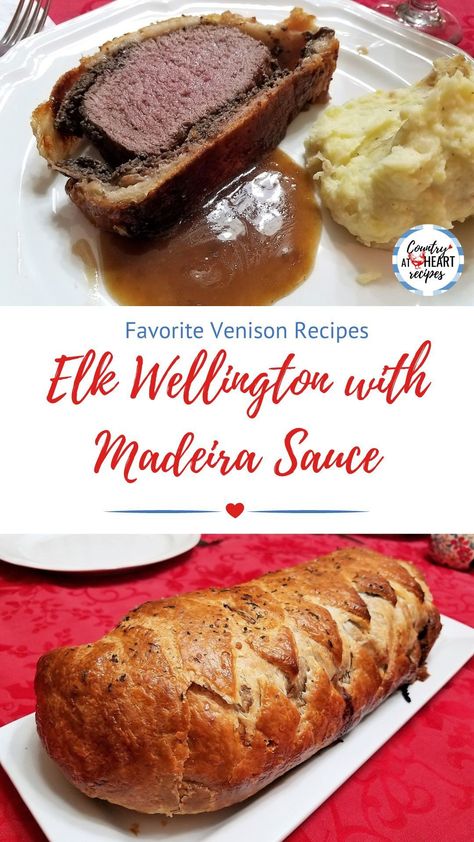 Elk Wellington with Madeira Sauce is the perfect choice to wow your dinner guests. Pan-seared elk tenderloin, brushed with Dijon mustard, cloaked in mushroom Duxelles and prosciutto, then wrapped in a sourdough puff pastry and baked to golden perfection. Finish off with a spoonful of silky Madeira sauce. #elkwellingtonwithmadeirasauce #maindishes #wildgame #venison #countryatheartrecipes https://countryatheartrecipes.com/2021/02/elk-wellington-with-madeira-sauce/ Elk Tenderloin, Recipes Main Dishes, Elk Meat, Madeira Sauce, Heart Recipes, Steamed Asparagus, Venison Recipes, Tenderloin Recipes, Dinner Guests