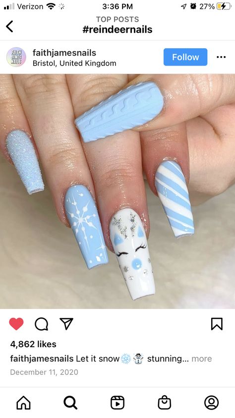 Olaf Nails, Christmas Nail Designs Acrylic, Blue Christmas Nails, Light Blue Nails, Baby Blue Nails, Christmas Mix, French Manicure Nails, Blue Acrylic Nails, Winter Nails Acrylic