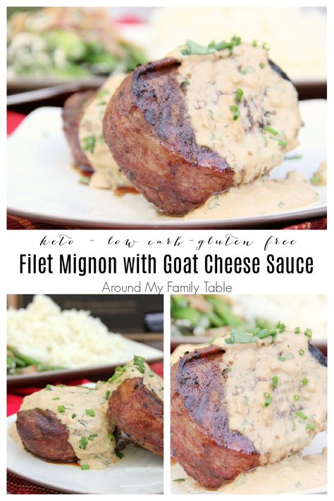 Celebrate any day with a delicious filet mignon drizzled with a rich goat cheese sauce for a truly decadent meal that's keto and low carb friendly. via @slingmama Low Carb Goat Cheese Recipes, Keto Recipes With Goat Cheese, Keto Goat Cheese Recipes, Recipes With Goat Cheese, Cheese Sauce For Steak, Ketovore Recipes, Goat Cheese Sauce, Steak Toppings, Df Recipes