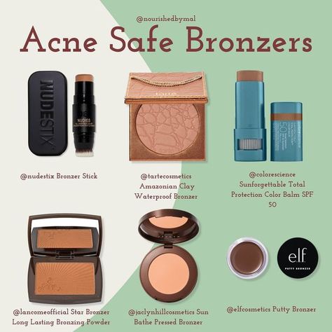 Good Makeup For Acne Prone Skin, Acne Safe Bronzer, Acne Safe Powder, Makeup Products For Acne Prone Skin, Acne Safe Makeup Products, Acne Safe Blush, Acne Prone Skin Makeup, Acne Safe Makeup, Safe Makeup